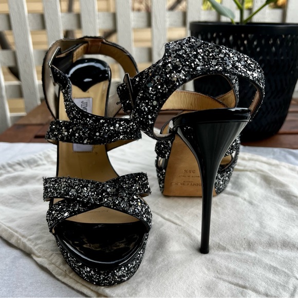 Jimmy Choo Shoes - Jimmy Choo Black Glitter Vamp Ankle Strap Platform Sandals